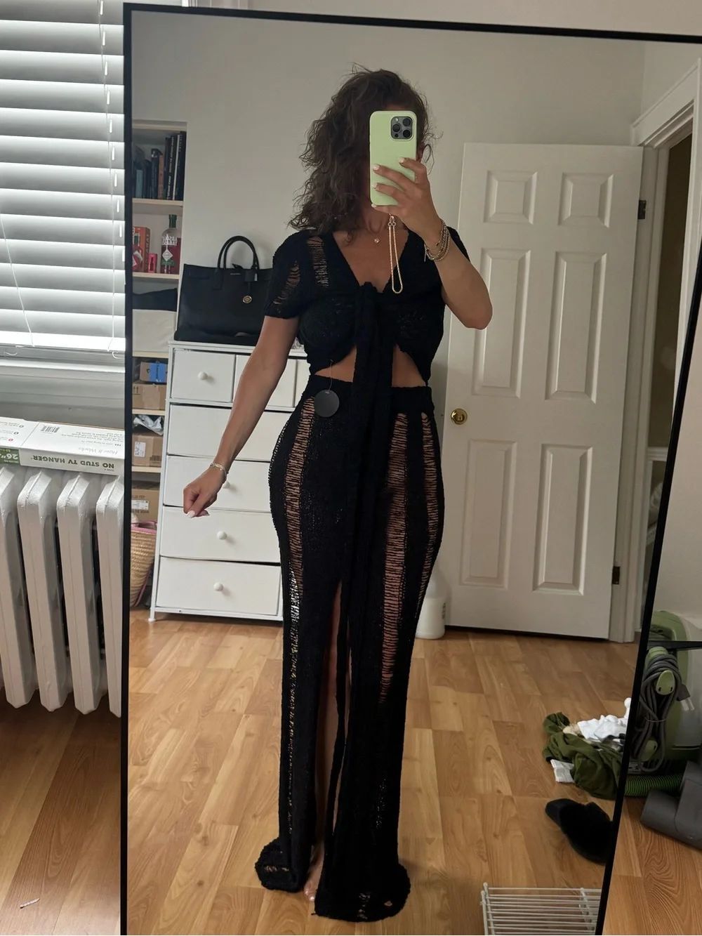 Hot Miami Styles Black Crochet Knit Swim Coverup 2 piece Maxi